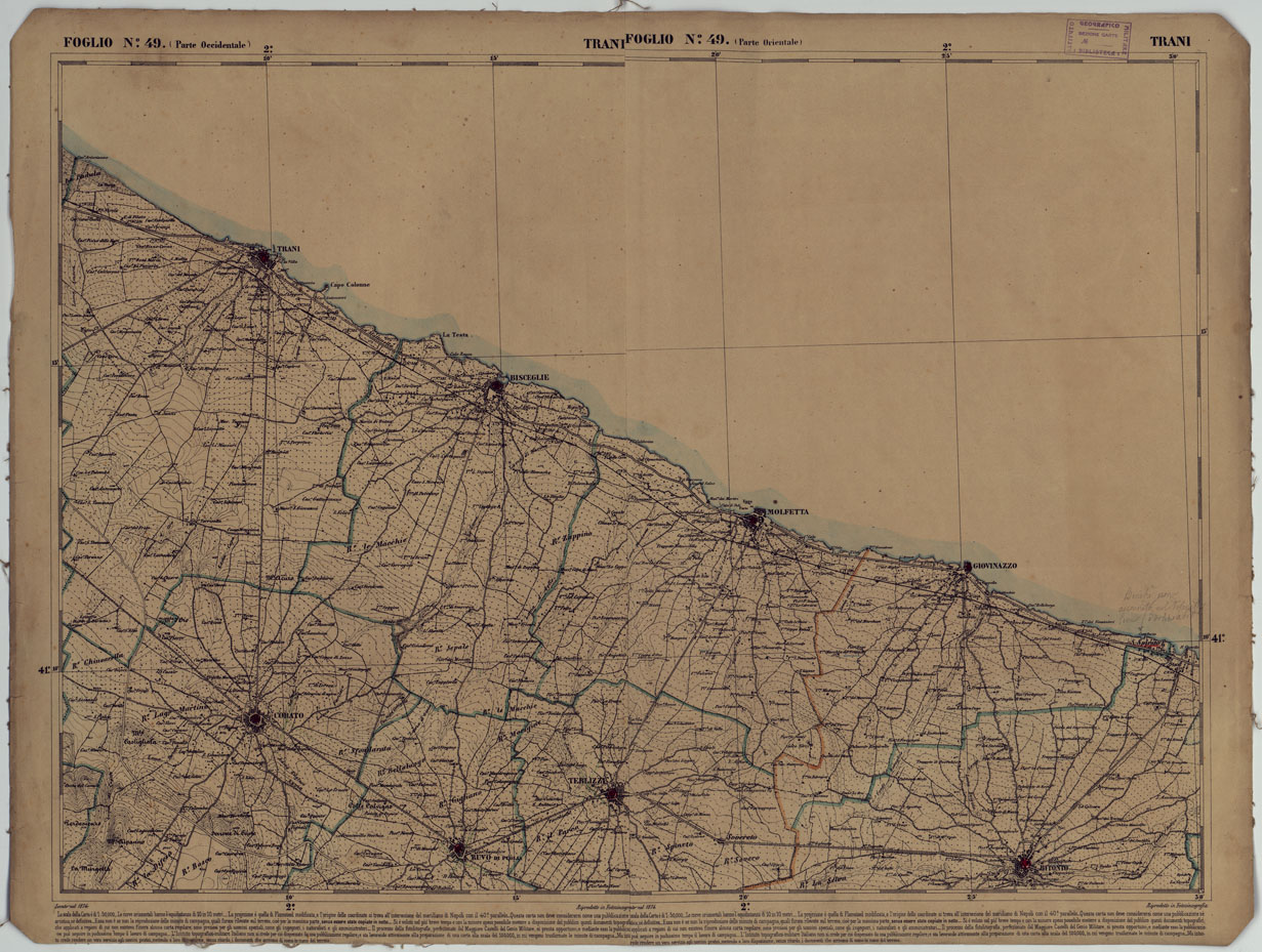 (N:17886) CARTA D'ITALIA - FOGLIO 49 TRANI.
 (CA008587) Carte e stampe antiche: riproduzione a colori su carta (formato A1)