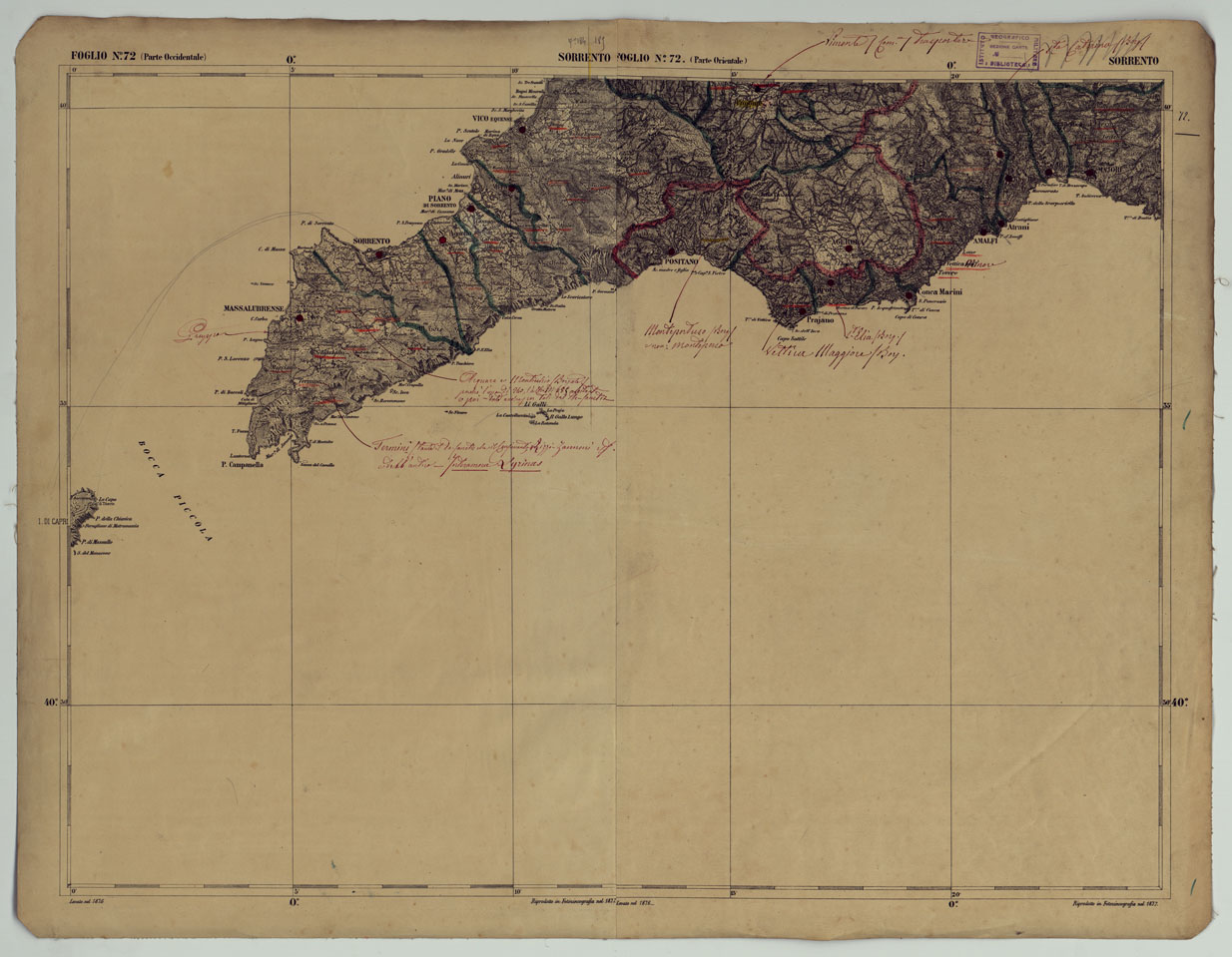 (N:17909) CARTA D'ITALIA - FOGLIO 72 SORRENTO.
 (CA008610) Carte e stampe antiche: riproduzione a colori su carta (formato A1)
