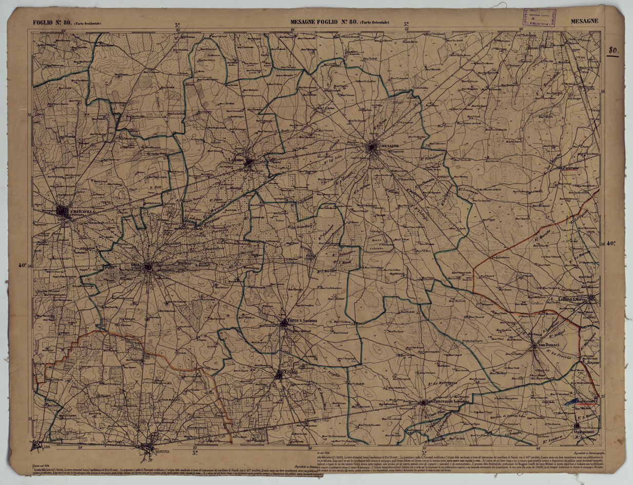 (N:17917) CARTA D'ITALIA - FOGLIO 80 MESAGNE.
 (CA008618) Carte e stampe antiche: riproduzione a colori su carta (formato A1)