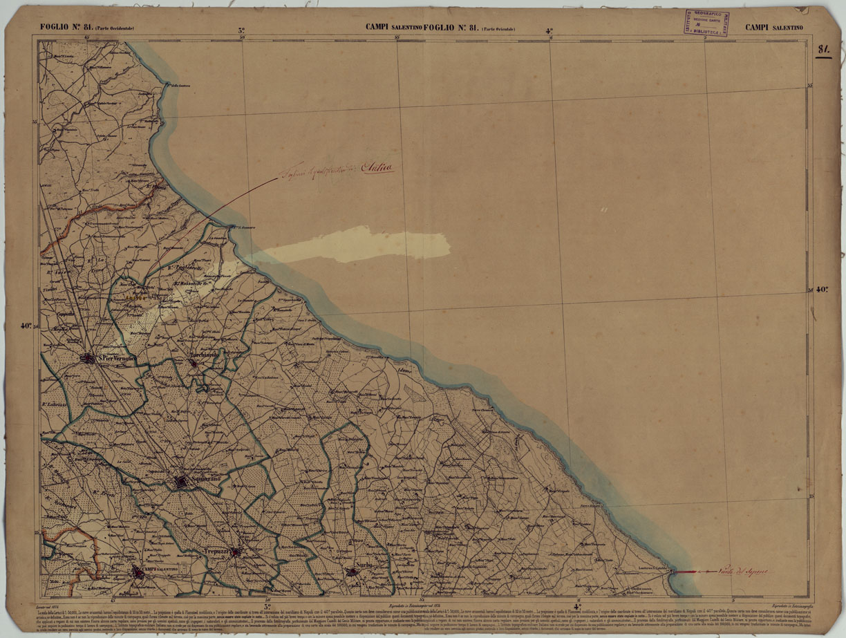 (N:17918) CARTA D'ITALIA - FOGLIO 81 CAMPI SALENTINO.
 (CA008619) Carte e stampe antiche: riproduzione a colori su carta (formato A1)
