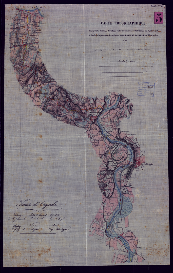 (N:33047) CARTE TOPOGRAFIQUE INDICANT LA LIGNE FRONTERE ENTRE LES PROVINCES ITALIENNES DE L'AULTRICHE ET LA SARDAIGNE CONFORMEMENT AUX TRAITES DE ZURICH DU 10 NOVEMBRE 1859 - Foglio 1 (CA008790) Carte e stampe antiche: riproduzione a colori su carta (formato A1)