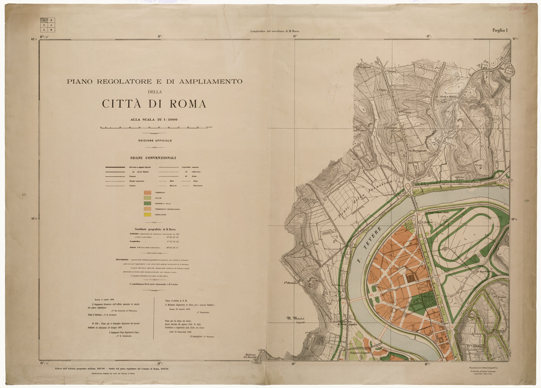(N:25634) PIANO REGOLATORE E DI AMPLIAMENTO DELLA CITTA' DI ROMA ALLA SCALA DI 1:5.000 EDIZIONE UFFICIALE - FOGLIO 1 - TITOLO E SEGNI CONVENZIONALI (CA008833) Carte e stampe antiche: riproduzione a colori su carta (formato A1)