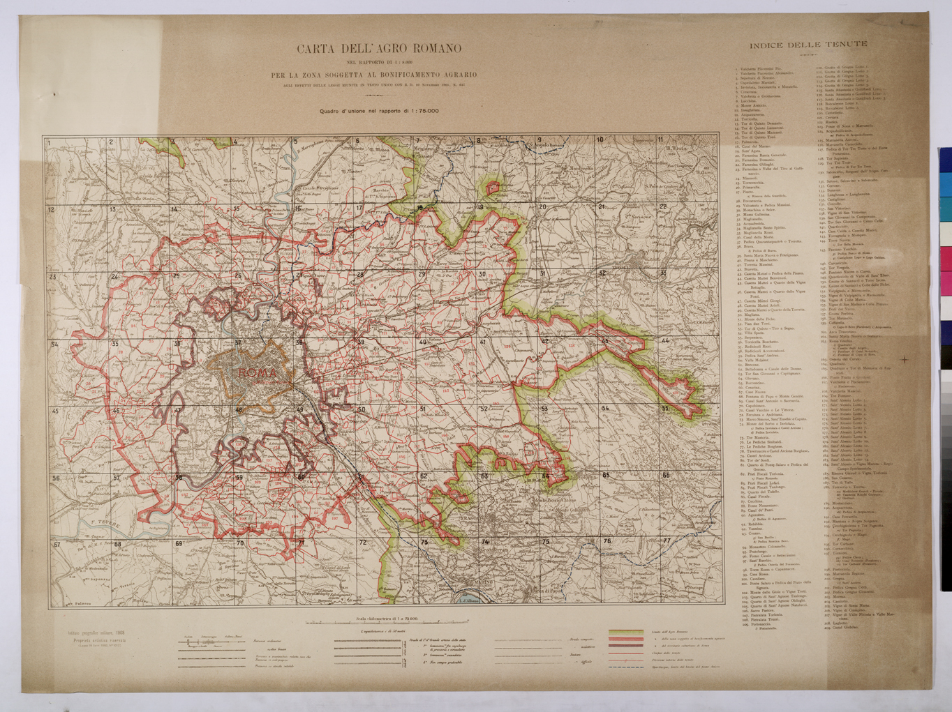 (N:25678) CARTA DELL'AGRO ROMANO NEL RAPPORTO DI 1:8.000 PER LA ZONA SOGGETTA AL BONIFICAMENTO AGRARIO AGLI EFFETTI DELLE LEGGI RIUNITE IN TESTO UNICO CON R.D. 10 NOVEMBRE 1905 N647 - QUADRO D'UNIONE. (CA008877) Carte e stampe antiche: riproduzione a colori su carta (formato A1)