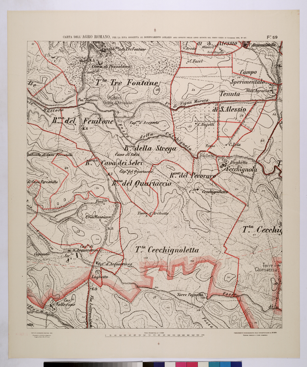 (N:25689) CARTA DELL'AGRO ROMANO NEL RAPPORTO DI 1:8.000 PER LA ZONA SOGGETTA AL BONIFICAMENTO AGRARIO AGLI EFFETTI DELLE LEGGI RIUNITE IN TESTO UNICO CON R.D. 10 NOVEMBRE 1905 N647 - FOGLIO 59. (CA008888) Carte e stampe antiche: riproduzione a colori su carta (formato A1)