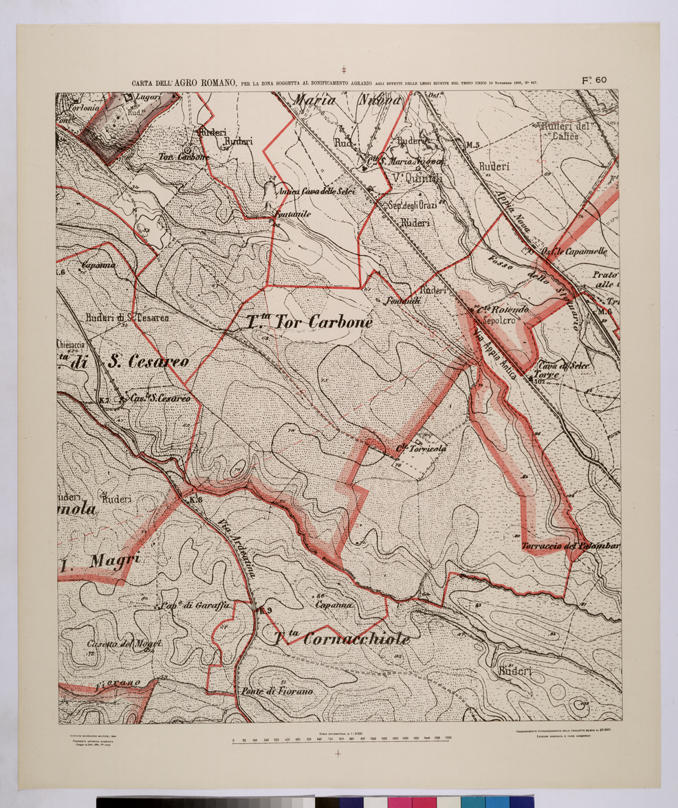 (N:25690) CARTA DELL'AGRO ROMANO NEL RAPPORTO DI 1:8.000 PER LA ZONA SOGGETTA AL BONIFICAMENTO AGRARIO AGLI EFFETTI DELLE LEGGI RIUNITE IN TESTO UNICO CON R.D. 10 NOVEMBRE 1905 N647 - FOGLIO 60. (CA008889) Carte e stampe antiche: riproduzione a colori su carta (formato A1)