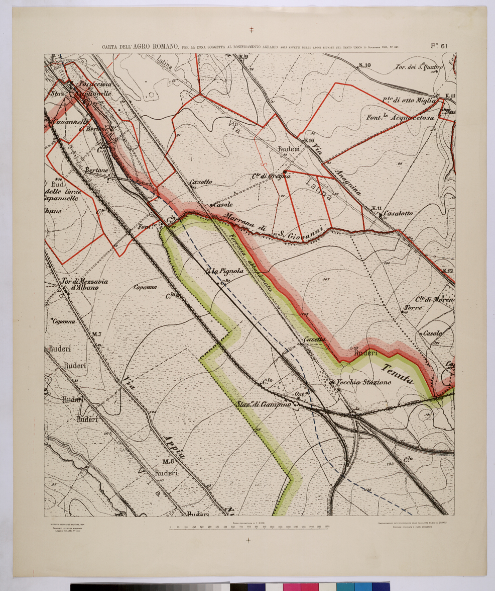 (N:25691) CARTA DELL'AGRO ROMANO NEL RAPPORTO DI 1:8.000 PER LA ZONA SOGGETTA AL BONIFICAMENTO AGRARIO AGLI EFFETTI DELLE LEGGI RIUNITE IN TESTO UNICO CON R.D. 10 NOVEMBRE 1905 N647 - FOGLIO 61. (CA008890) Carte e stampe antiche: riproduzione a colori su carta (formato A1)