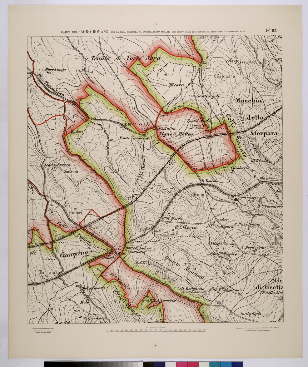 (N:25692) CARTA DELL'AGRO ROMANO NEL RAPPORTO DI 1:8.000 PER LA ZONA SOGGETTA AL BONIFICAMENTO AGRARIO AGLI EFFETTI DELLE LEGGI RIUNITE IN TESTO UNICO CON R.D. 10 NOVEMBRE 1905 N647 - FOGLIO 62. (CA008891) Carte e stampe antiche: riproduzione a colori su carta (formato A1)