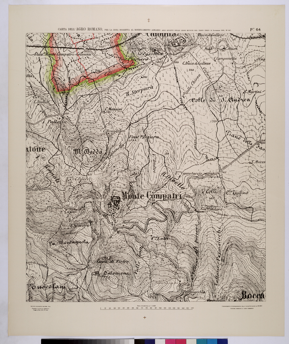 (N:25694) CARTA DELL'AGRO ROMANO NEL RAPPORTO DI 1:8.000 PER LA ZONA SOGGETTA AL BONIFICAMENTO AGRARIO AGLI EFFETTI DELLE LEGGI RIUNITE IN TESTO UNICO CON R.D. 10 NOVEMBRE 1905 N647 - FOGLIO 64. (CA008893) Carte e stampe antiche: riproduzione a colori su carta (formato A1)