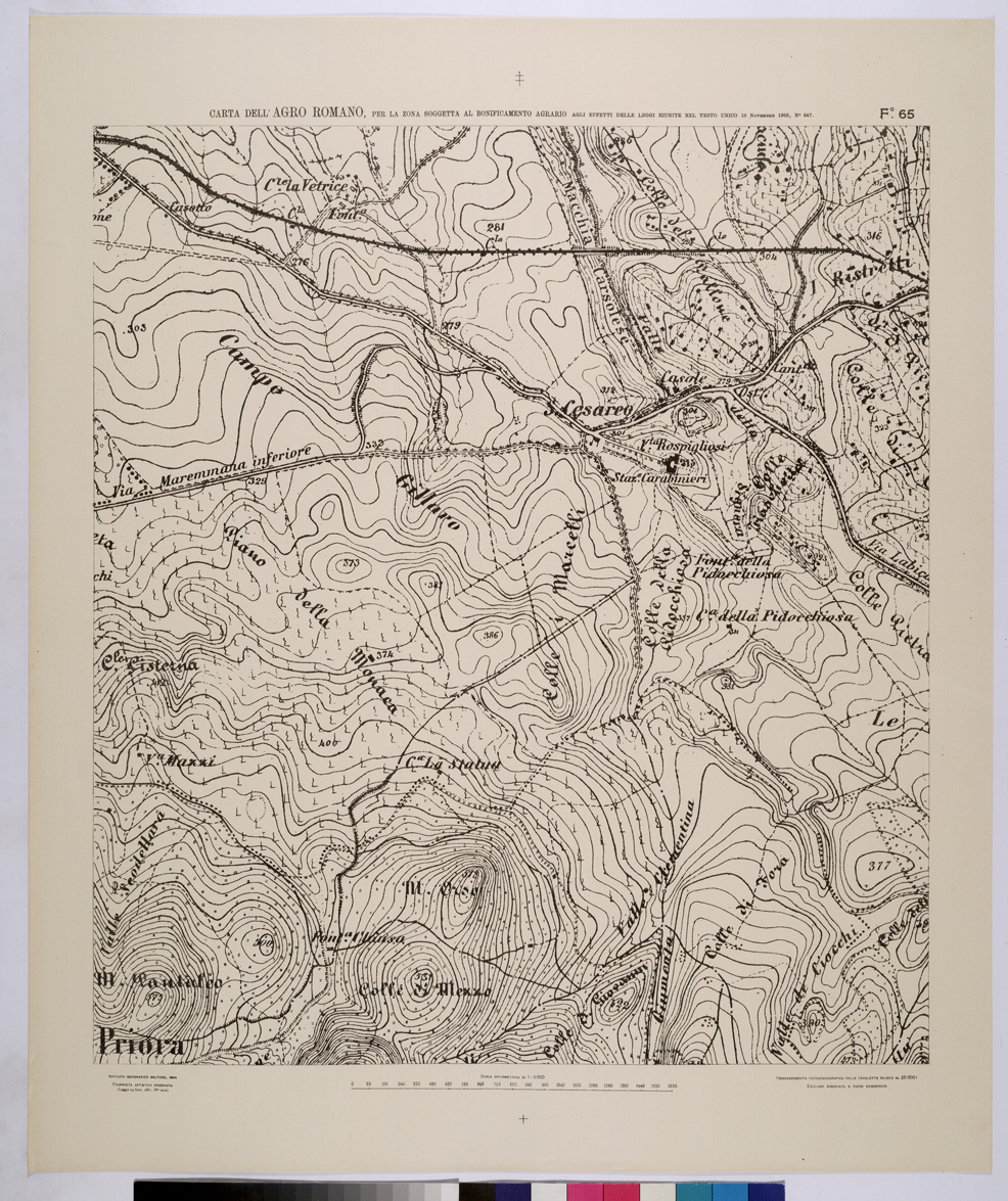 (N:25695) CARTA DELL'AGRO ROMANO NEL RAPPORTO DI 1:8.000 PER LA ZONA SOGGETTA AL BONIFICAMENTO AGRARIO AGLI EFFETTI DELLE LEGGI RIUNITE IN TESTO UNICO CON R.D. 10 NOVEMBRE 1905 N647 - FOGLIO 65. (CA008894) Carte e stampe antiche: riproduzione a colori su carta (formato A1)
