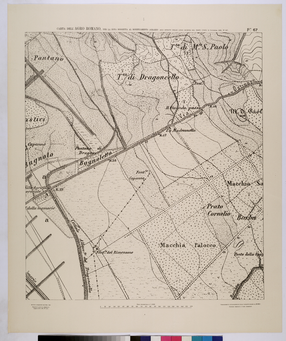 (N:25697) CARTA DELL'AGRO ROMANO NEL RAPPORTO DI 1:8.000 PER LA ZONA SOGGETTA AL BONIFICAMENTO AGRARIO AGLI EFFETTI DELLE LEGGI RIUNITE IN TESTO UNICO CON R.D. 10 NOVEMBRE 1905 N647 - FOGLIO 67. (CA008896) Carte e stampe antiche: riproduzione a colori su carta (formato A1)