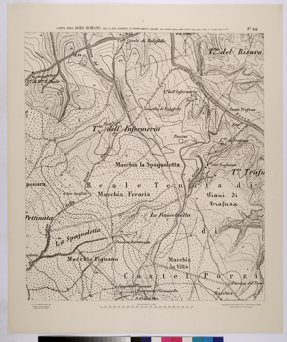 (N:25698) CARTA DELL'AGRO ROMANO NEL RAPPORTO DI 1:8.000 PER LA ZONA SOGGETTA AL BONIFICAMENTO AGRARIO AGLI EFFETTI DELLE LEGGI RIUNITE IN TESTO UNICO CON R.D. 10 NOVEMBRE 1905 N647 - FOGLIO 68. (CA008897) Carte e stampe antiche: riproduzione a colori su carta (formato A1)