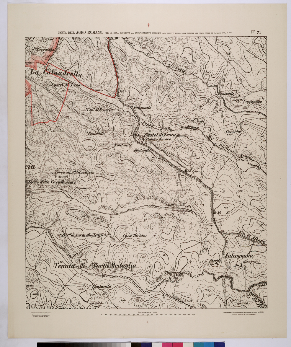 (N:25701) CARTA DELL'AGRO ROMANO NEL RAPPORTO DI 1:8.000 PER LA ZONA SOGGETTA AL BONIFICAMENTO AGRARIO AGLI EFFETTI DELLE LEGGI RIUNITE IN TESTO UNICO CON R.D. 10 NOVEMBRE 1905 N647 - FOGLIO 71. (CA008900) Carte e stampe antiche: riproduzione a colori su carta (formato A1)