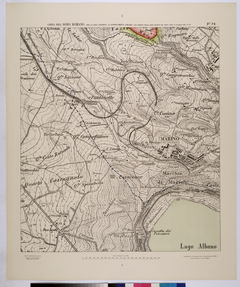 (N:25703) CARTA DELL'AGRO ROMANO NEL RAPPORTO DI 1:8.000 PER LA ZONA SOGGETTA AL BONIFICAMENTO AGRARIO AGLI EFFETTI DELLE LEGGI RIUNITE IN TESTO UNICO CON R.D. 10 NOVEMBRE 1905 N647 - FOGLIO 73. (CA008902) Carte e stampe antiche: riproduzione a colori su carta (formato A1)