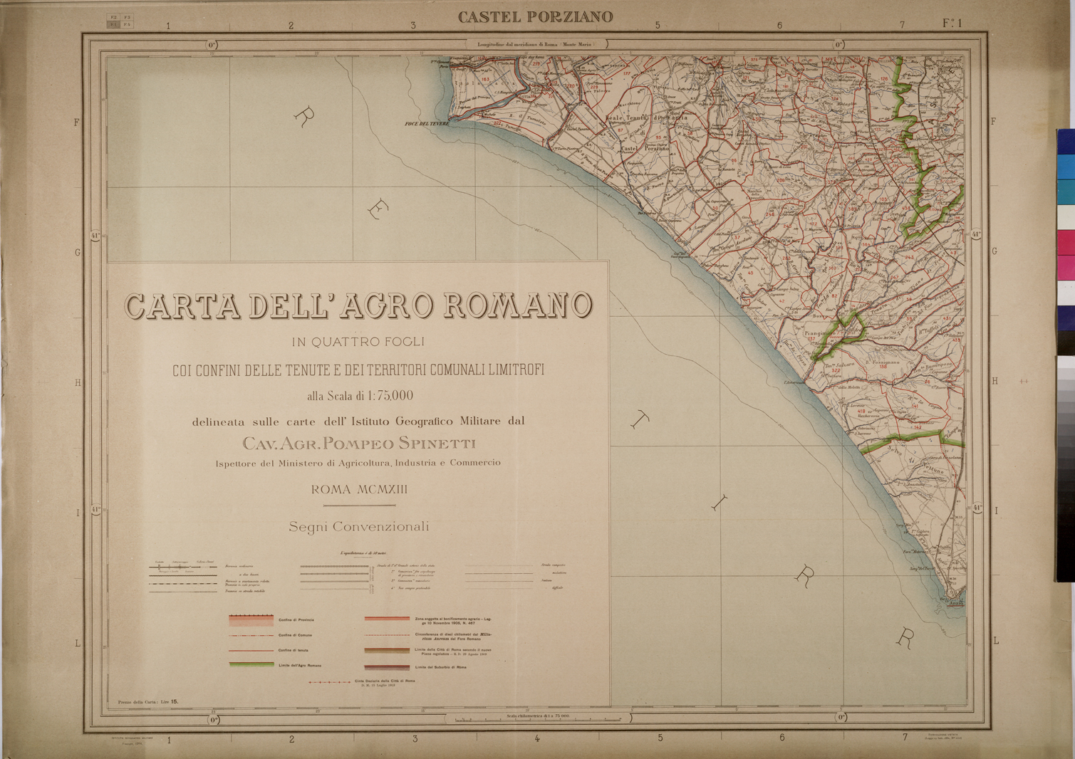 (N:25708) CARTA DELL'AGRO ROMANO IN QUATTRO FOGLI COI CONFINI DELLE TENUTE E DEI TERRITORI COMUNALI LIMITROFI ALLA SCALA DI 1:75,000 DELINEATA SULLE CARTE DELL'ISTITUTO GEOGRAFICO MILITARE DAL CAV. AGR. POMPEO SPINETTI - SEGNI CONVENZIONALI. (CA008907) Carte e stampe antiche: riproduzione a colori su carta (formato A1)