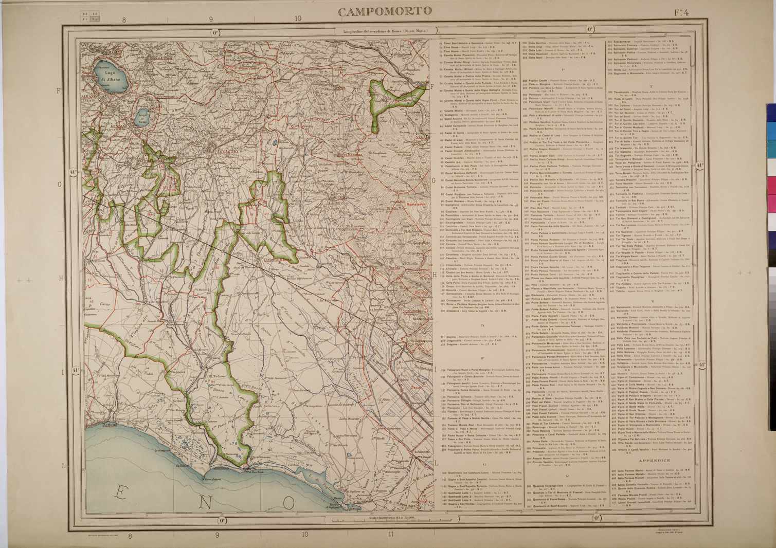 (N:25711) CARTA DELL'AGRO ROMANO IN QUATTRO FOGLI COI CONFINI DELLE TENUTE E DEI TERRITORI COMUNALI LIMITROFI ALLA SCALA DI 1:75,000 DELINEATA SULLE CARTE DELL'ISTITUTO GEOGRAFICO MILITARE DAL CAV. AGR. POMPEO SPINETTI - FOGLIO 4. (CA008910) Carte e stampe antiche: riproduzione a colori su carta (formato A1)