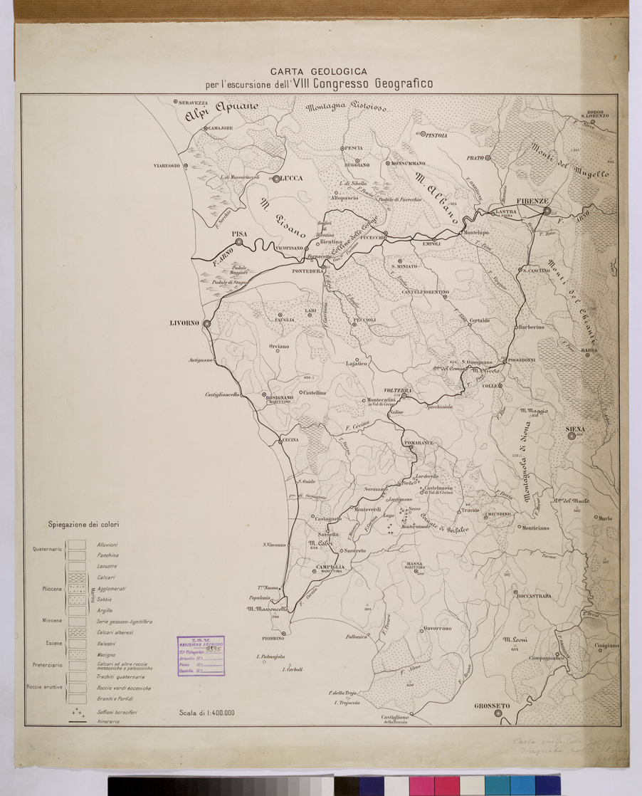 (N:25718) CARTA GEOLOGICA PER L'ESCURSIONE DEL VIII CONGRESSO GEOGRAFICO. (CA008917) Carte e stampe antiche: riproduzione a colori su carta (formato A1)