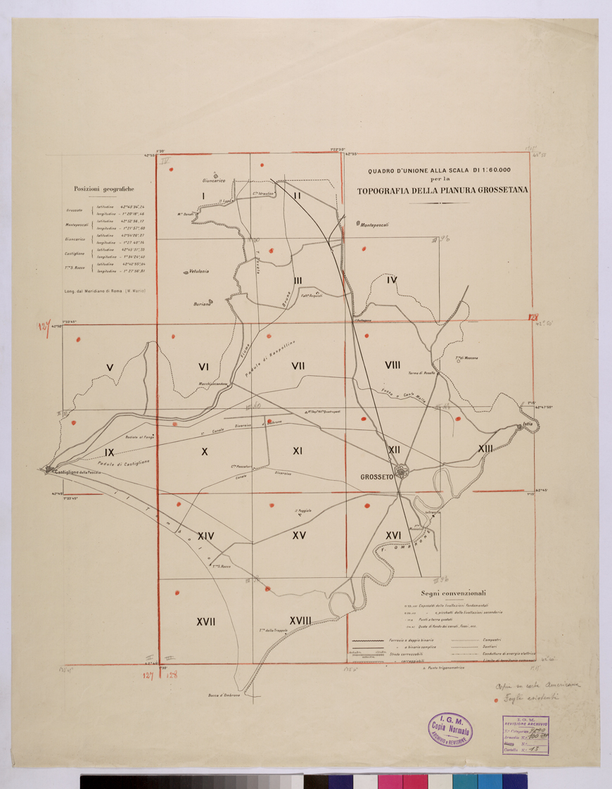 (N:25754) TOPOGRAFIA DELLA PIANURA GROSSETANA - QUADRO D'UNIONE (CA008953) Carte e stampe antiche: riproduzione a colori su carta (formato A1)