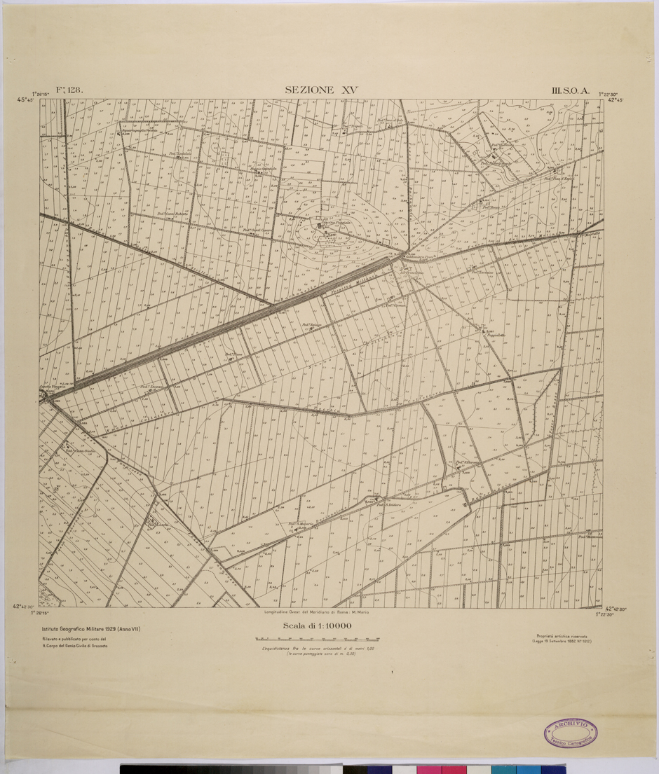 (N:25795) TOPOGRAFIA DELLA PIANURA GROSSETANA - F.128 SEZIONE XV III S.O.A. (CA008968) Carte e stampe antiche: riproduzione a colori su carta (formato A1)