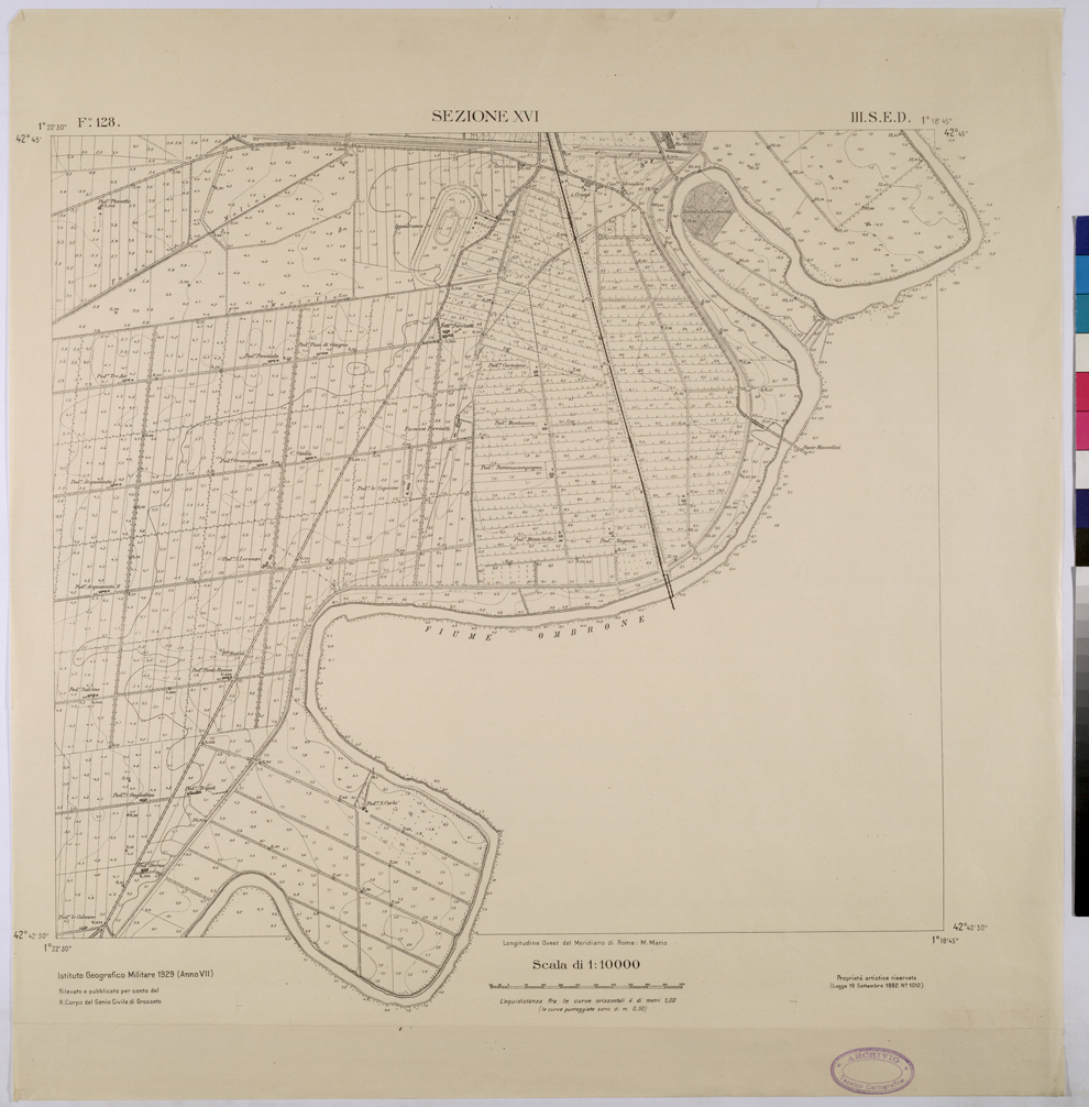 (N:25769) TOPOGRAFIA DELLA PIANURA GROSSETANA - F.128 SEZIONE XVI III S.E.D. (CA008969) Carte e stampe antiche: riproduzione a colori su carta (formato A1)