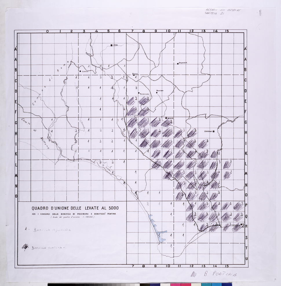 (N:25843) CONSORZI DI BONIFICA DI PISCINARA E BONIFICAZIONE PONTINA - QUADRO D'UNIONE. (CA009042) Carte e stampe antiche: riproduzione a colori su carta (formato A1)