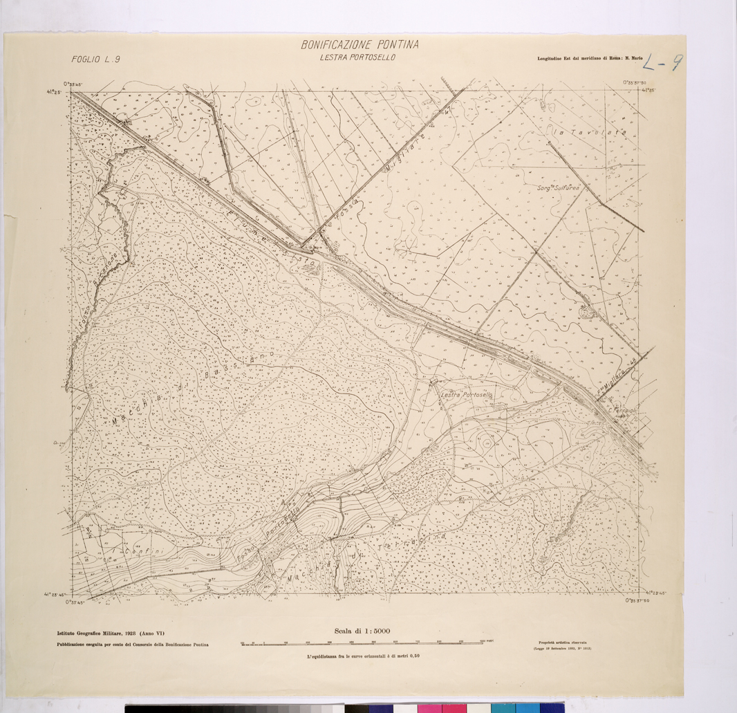 (N:25870) CONSORZI DI BONIFICA DI PISCINARA E BONIFICAZIONE PONTINA - F.L9 LESTRA PORTOSELLO. (CA009069) Carte e stampe antiche: riproduzione a colori su carta (formato A1)