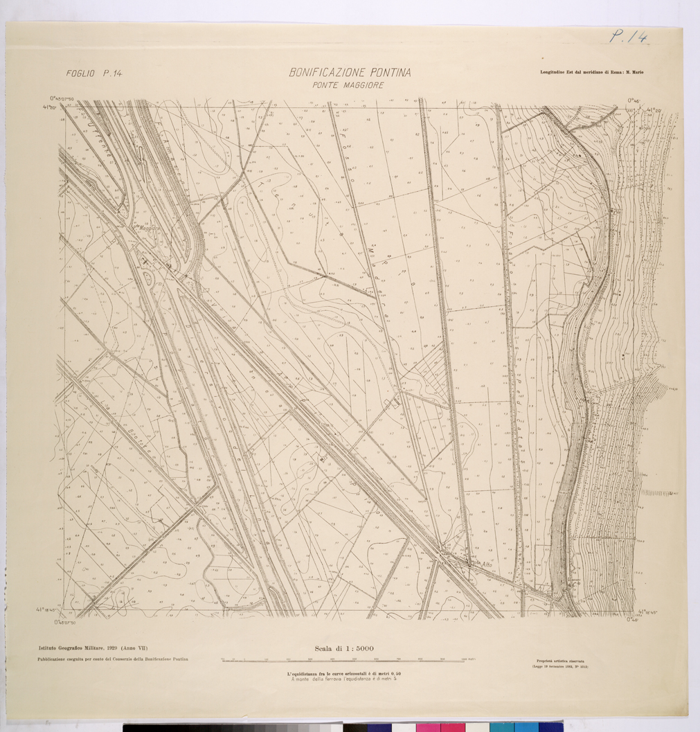 (N:25893) CONSORZI DI BONIFICA DI PISCINARA E BONIFICAZIONE PONTINA - F.P14 PONTE MAGGIORE. (CA009092) Carte e stampe antiche: riproduzione a colori su carta (formato A1)