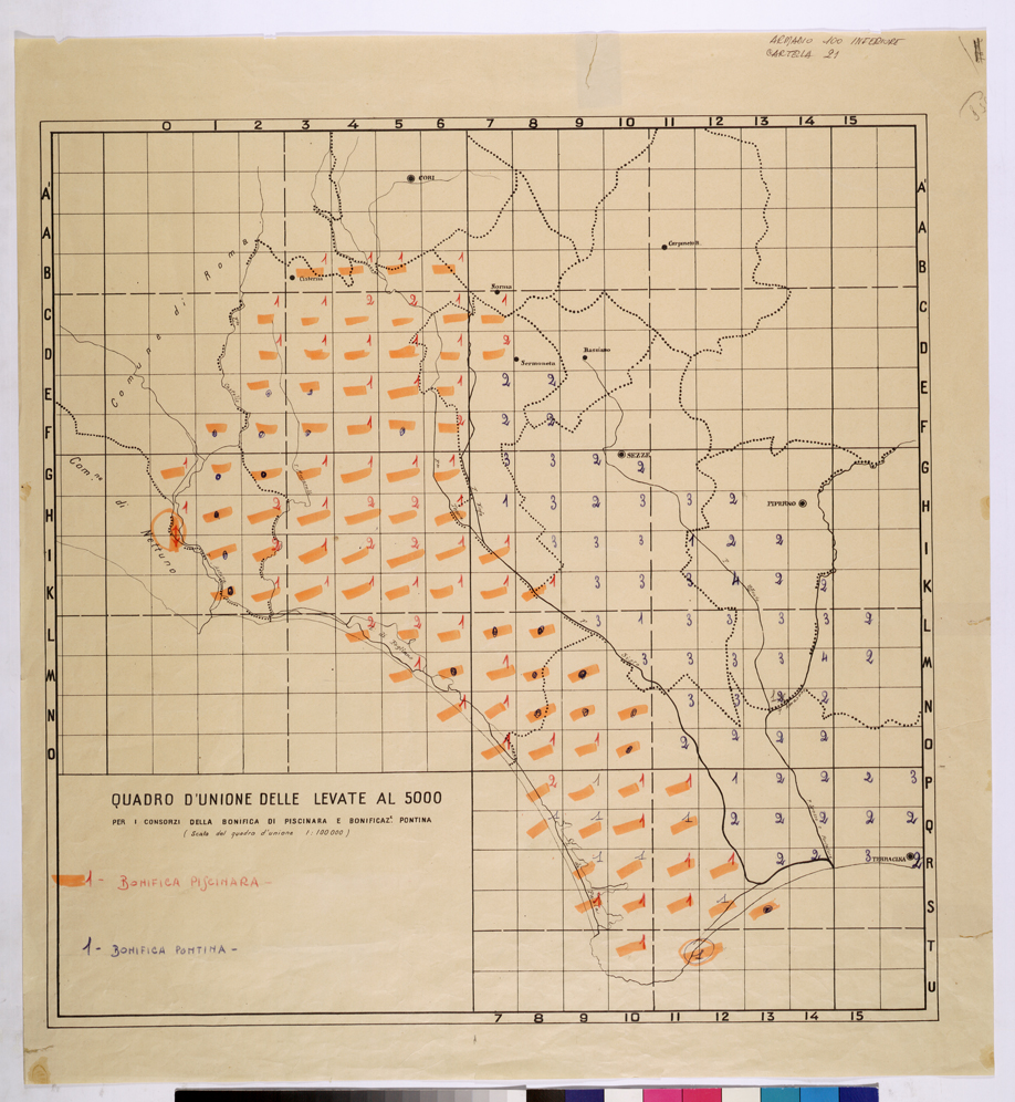 (N:25905) CONSORZI DI BONIFICA DI PISCINARA E BONIFICAZIONE PONTINA - QUADRO D'UNIONE. (CA009104) Carte e stampe antiche: riproduzione a colori su carta (formato A1)