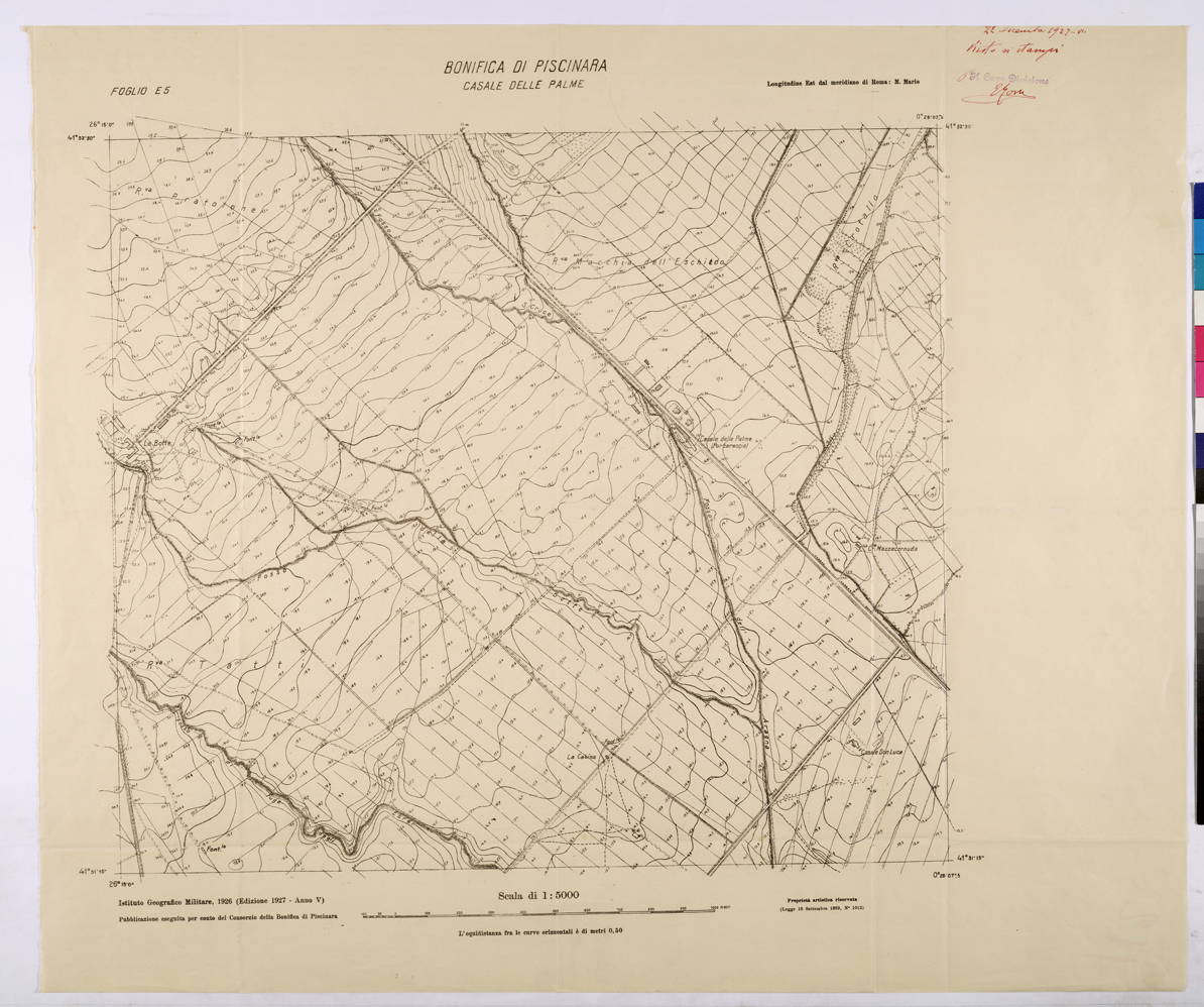 (N:25925) CONSORZI DI BONIFICA DI PISCINARA E BONIFICAZIONE PONTINA - F.E5 CASALE DELLE PALME. (CA009124) Carte e stampe antiche: riproduzione a colori su carta (formato A1)