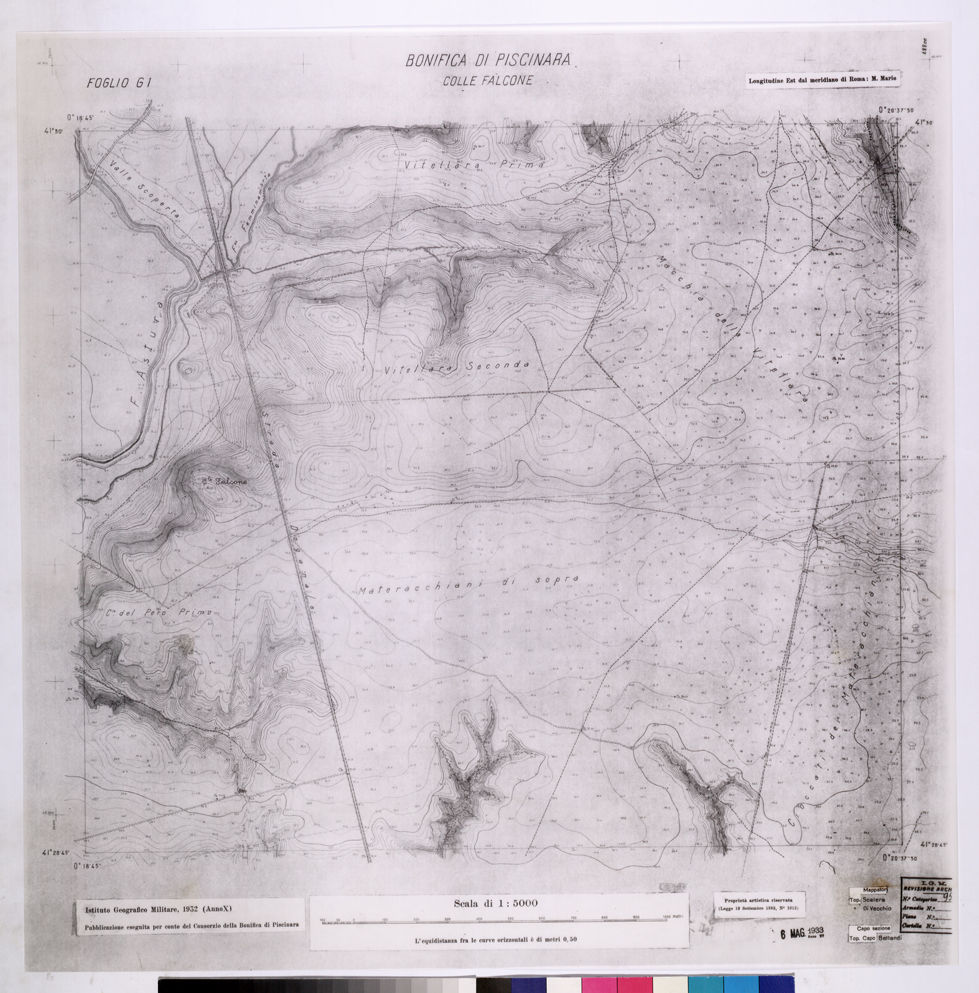 (N:25934) CONSORZI DI BONIFICA DI PISCINARA E BONIFICAZIONE PONTINA - F.G1 COLLE FALCONE. (CA009133) Carte e stampe antiche: riproduzione a colori su carta (formato A1)