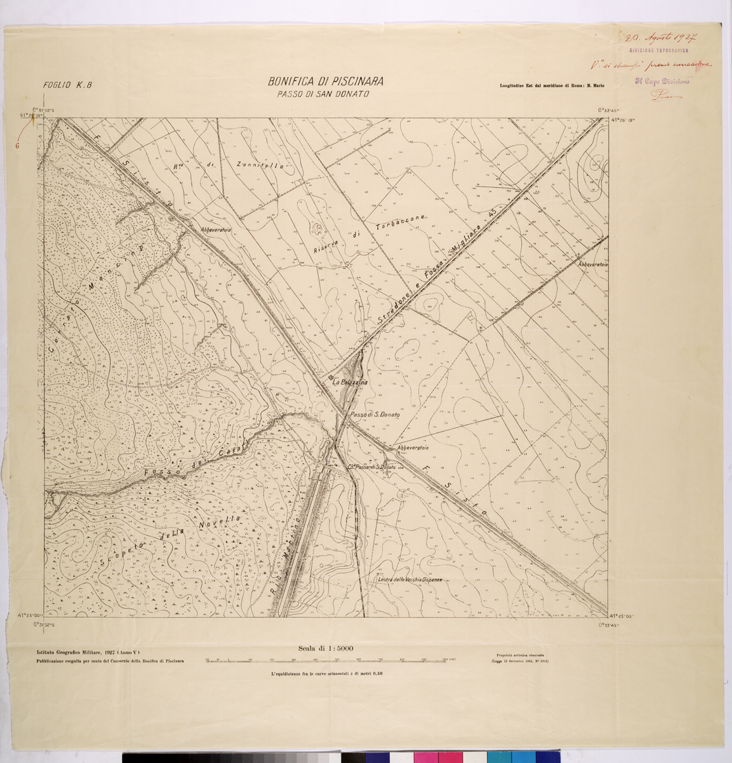 (N:25961) CONSORZI DI BONIFICA DI PISCINARA E BONIFICAZIONE PONTINA - F.K8 PASSO DI SAN DONATO. (CA009160) Carte e stampe antiche: riproduzione a colori su carta (formato A1)