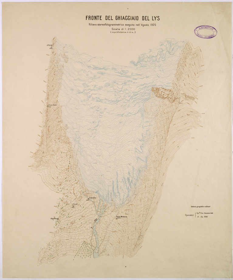 (N:26298) FRONTE DEL GHIACCIAIO DEL LYS RILIEVO STEREOFOTOGRAMMETRICO ESEGUITO NEL 1920. (CA009514) Carte e stampe antiche: riproduzione a colori su carta (formato A1)