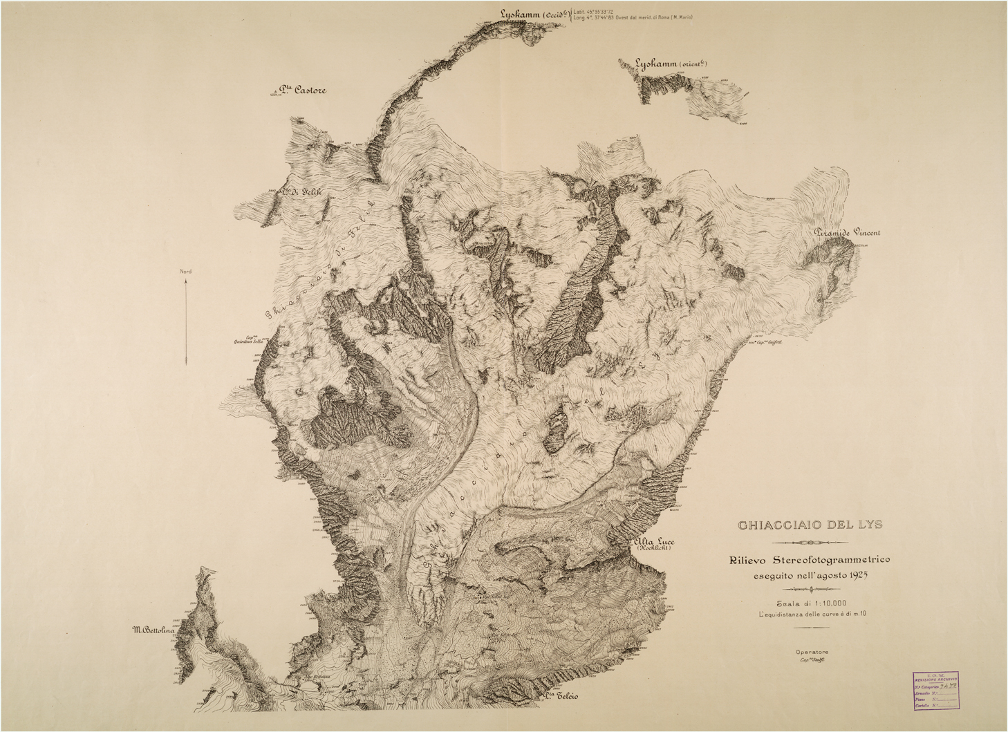 (N:26299) GHIACCIAIO DEL LYS RILIEVO STEREOFOTOGRAMMETRICO ESEGUITO NELL'AGOSTO 1925. (CA009515) Carte e stampe antiche: riproduzione a colori su carta (formato A1)