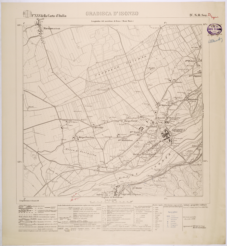 (N:26306) MONFALCONE E GRADISCA - FOGLIO XXV IV S.O. SEZIONE D. GRADISCA D' ISONZO - Edizione con opere militari in bl (CA009522) Carte e stampe antiche: riproduzione a colori su carta (formato A1)
