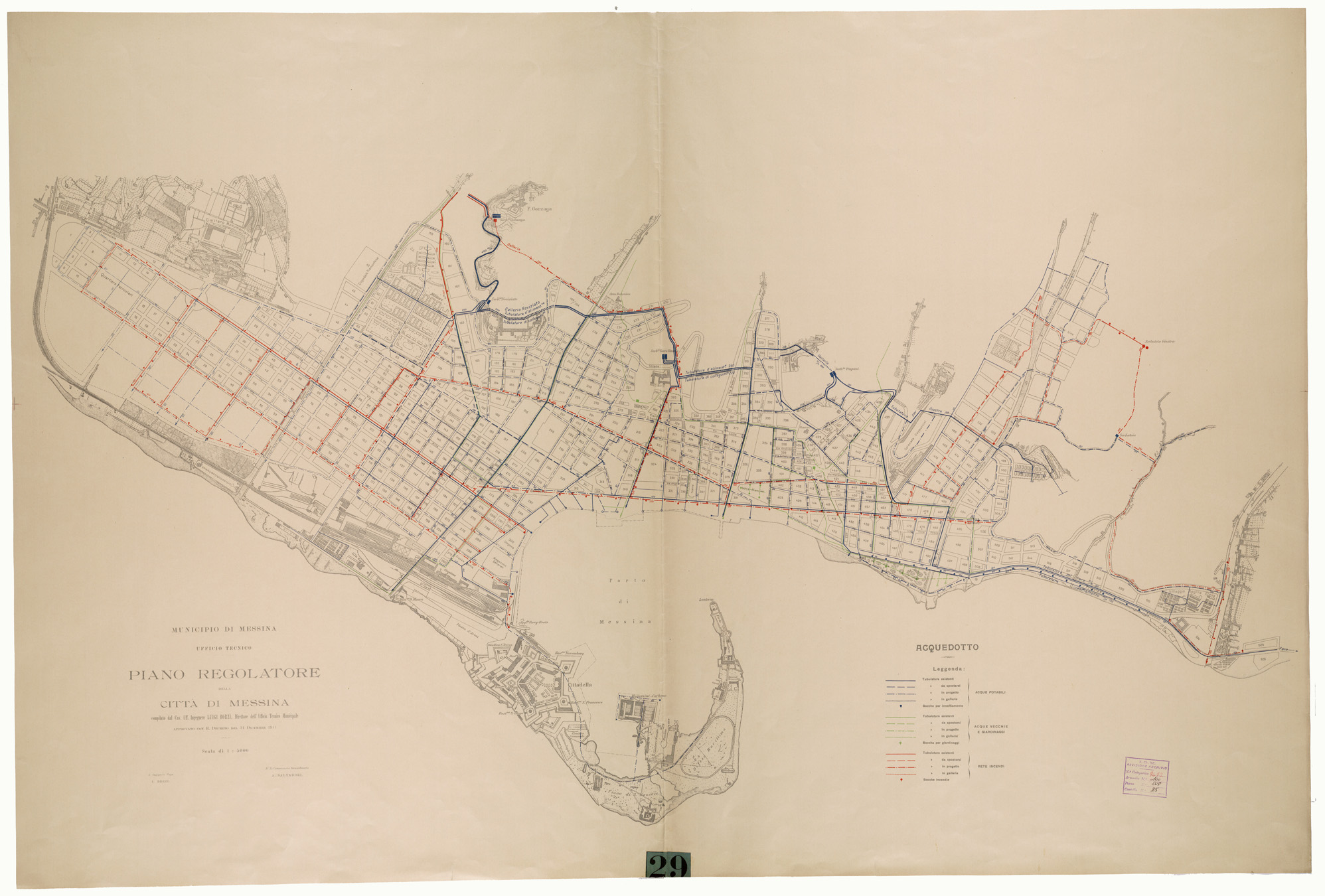 (N:26311) PIANO REGOLATORE DELLA CITTA' DI MESSINA COMPILATO DAL CAV. UFF. ING. LUIGI BORZI, DIRETTORE DELL'UFFICIO TECNICO MUNICIPALE. APPROVATO CON R. DECRETO DEL 31 DICEMBRE 1911 - ACQUEDOTTO (CA009530) Carte e stampe antiche: riproduzione a colori su carta (formato A1)