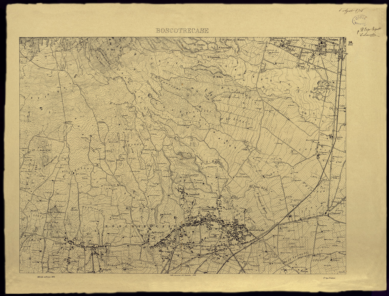 (N:13538) CARTA TOPOGRAFICA DEL MONTE VESUVIO RILEVATA E DISEGNATA DAGLI ALLIEVI DELL'IST. TOPOGRAFICO MILITARE NEGLI ANNI 1875-76 ALLA SCALA DI 1:10.000. LA DATA RIPORTATA E' 1905  - BOSCOTRECASE. (CA009560) Carte e stampe antiche: riproduzione a colori su carta (formato A1)