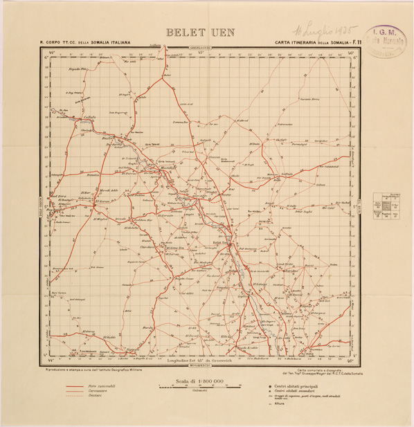(N:28182) CARTA ITINERARIA DELLA SOMALIA - FOGLIO 11 - BELET UEN
 (SE002062) Carte e stampe antiche: riproduzione a colori su carta (formato A2)