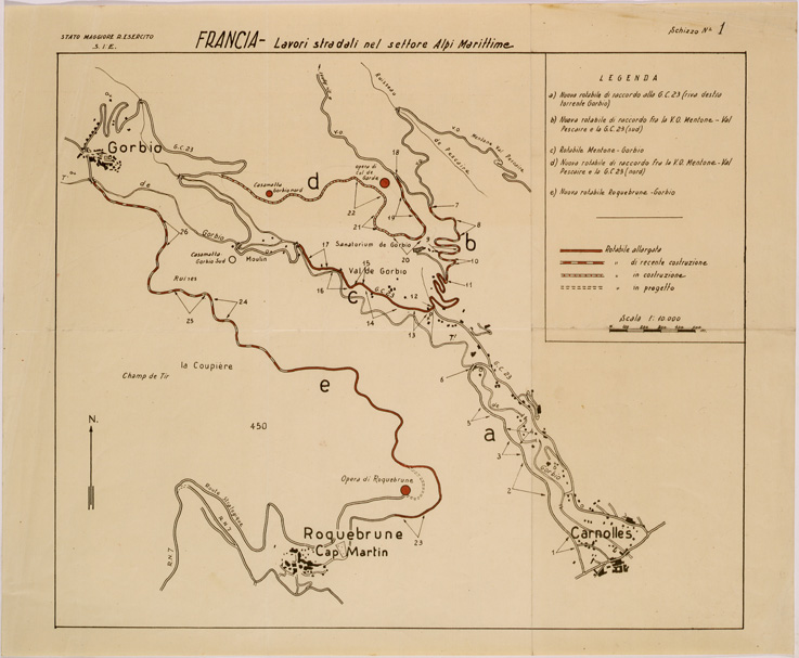 (N:29498) LAVORI STRADALI NEL SETTORE ALPI MARITTIME (FRANCIA) SCHIZZO N 1 (SE003311) Carte e stampe antiche: riproduzione a colori su carta (formato A2)