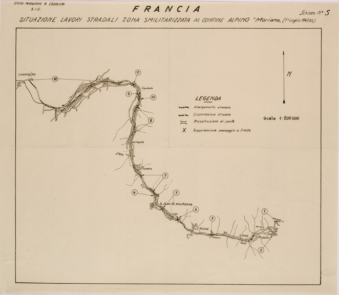 (N:29502) LAVORI STRADALI NELLA ZONA SMILITARIZZATA AL CONFINE ALPINO MORIANA (FRANCIA) SCHIZZO N 5 (SE003315) Carte e stampe antiche: riproduzione a colori su carta (formato A2)