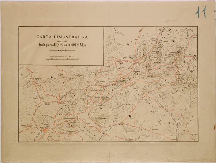 (N:29938) CARTA DIMOSTRATIVA DELLA ZONA FRA LA PIANA DI ENTISCIO E LA CITTA DI ADUA (SE003805) Carte e stampe antiche: riproduzione a colori su carta (formato A2)