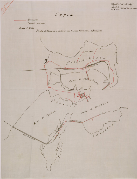 (N:30178) PIANTA DI MASSAUA E DINTORNI CON LE LINEE FERROVIARIE E DECAUVILLE (SE004083) Carte e stampe antiche: riproduzione a colori su carta (formato A2)