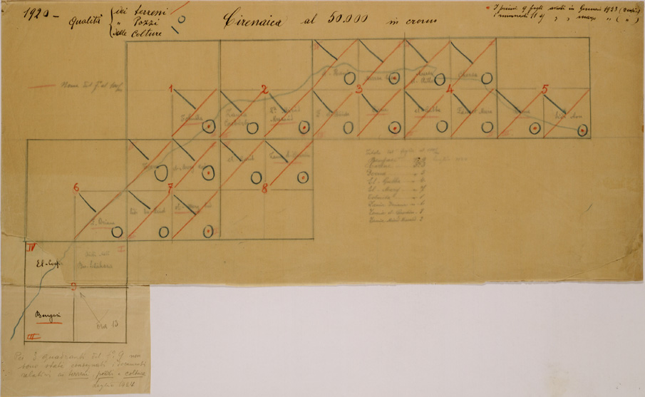 (N:30826) CARTA TEMATICA  DELLA CIRENAICA (QUALITA'  DEI POZZI DELLE COLTURE E DEI TERRENI)                                                                  QUADRO D'UNIONE (SE004261) Carte e stampe antiche: riproduzione a colori su carta (formato A2)