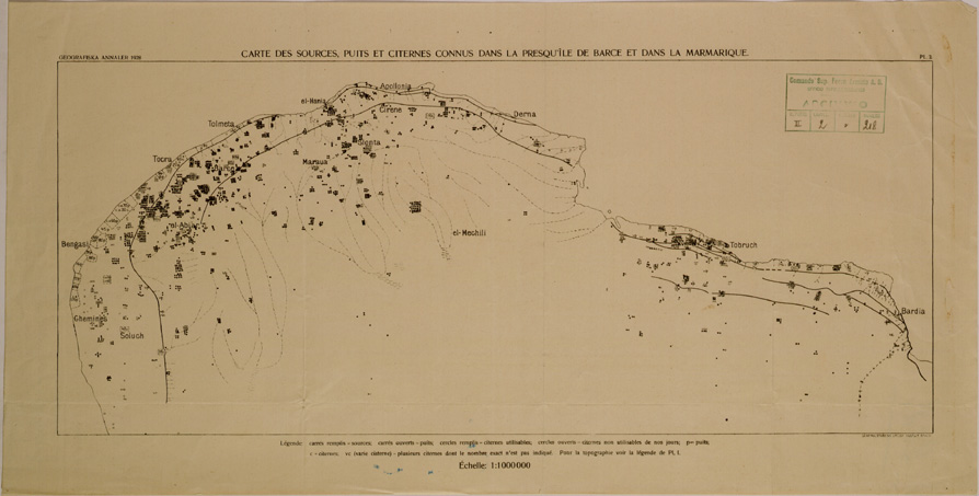 (N:30942) CARTE DES SOURCES, PUITS ET CIRTERNES CONNUS DANS LA PRESQU'ILE DE BARCE ET DANS LA MARMARIQUE. (SE004821) Carte e stampe antiche: riproduzione a colori su carta (formato A2)