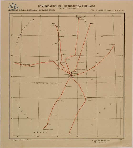 (N:31060) COMUNICAZIONI DEL RETROTERRA CIRENAICO. (SE005035) Carte e stampe antiche: riproduzione a colori su carta (formato A2)