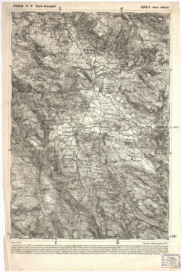 (N:2421) CARTA DELL' ITALIA MERIDIONALE EDITA DALL'ISTITUTO TOPOGRAFICO MILITARE ITALIANO - Foglio 9 parte orientale - Aquila degli Abruzzi (B0000948) Carte e stampe antiche: riproduzione a colori su carta (formato A2)