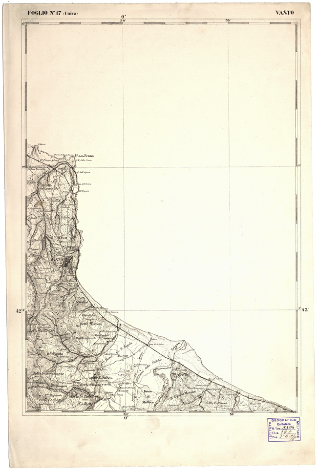 (N:2267) CARTA DELL' ITALIA MERIDIONALE EDITA DALL'ISTITUTO TOPOGRAFICO MILITARE ITALIANO - Foglio 17 - Vasto (B0000962) Carte e stampe antiche: riproduzione a colori su carta (formato A2)