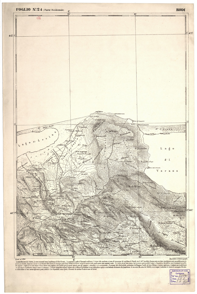 (N:2287) CARTA DELL' ITALIA MERIDIONALE EDITA DALL'ISTITUTO TOPOGRAFICO MILITARE ITALIANO - Foglio 24 parte occidentale - Rodi (B0000975) Carte e stampe antiche: riproduzione a colori su carta (formato A2)