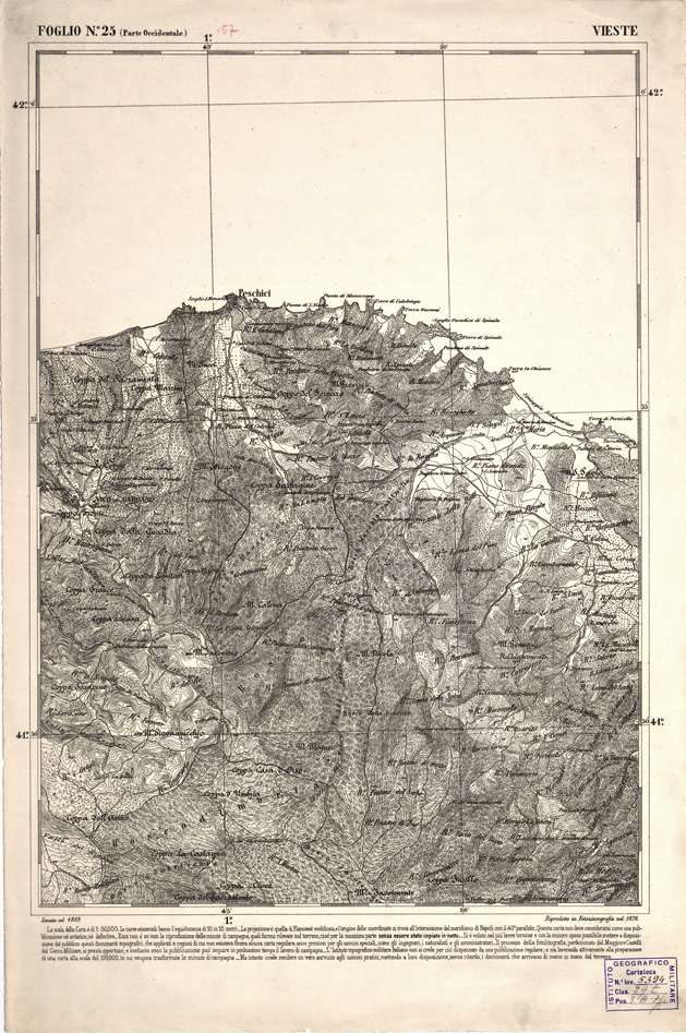 (N:2289) CARTA DELL' ITALIA MERIDIONALE EDITA DALL'ISTITUTO TOPOGRAFICO MILITARE ITALIANO - Foglio 25 parte occidentale - Vieste (B0000977) Carte e stampe antiche: riproduzione a colori su carta (formato A2)