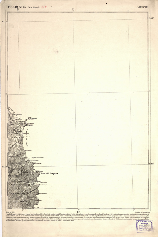 (N:2290) CARTA DELL' ITALIA MERIDIONALE EDITA DALL'ISTITUTO TOPOGRAFICO MILITARE ITALIANO - Foglio 25 parte orientale - Vieste (B0000978) Carte e stampe antiche: riproduzione a colori su carta (formato A2)