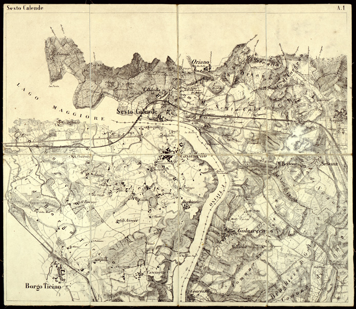 (N:6481) CARTA TOPOGRAFICA DEL CAMPO DI SOMMA ALLA SCALA DI 1:20.000 (s. d., s. a.) - Foglio A.1 - Sesto Calende (B0003071) Carte e stampe antiche: riproduzione a colori su carta (formato A2)