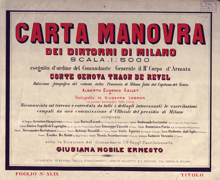 (N:5689) CARTA MANOVRA DEI DINTORNI DI MILANO - Foglio 49 - Titolo (B0003217) Carte e stampe antiche: riproduzione a colori su carta (formato A2)